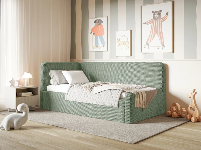 Jugendbett 90x200 cm Fanklo linksseitig mit Stauraum und Seitengittern, salbeigrüner, wasserabweisender Plüsch