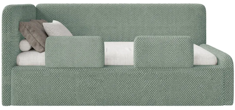 Jugendbett 90x200 cm Fanklo linksseitig mit Stauraum und Seitengittern, salbeigrüner, wasserabweisender Plüsch