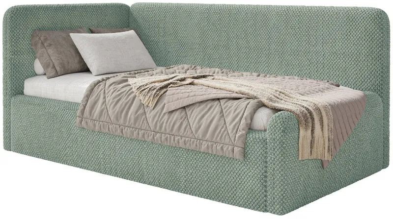 Jugendbett 90x200 cm Fanklo linksseitig mit Stauraum und Seitengittern, salbeigrüner, wasserabweisender Plüsch
