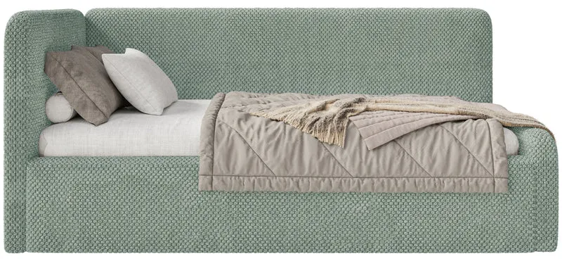 Jugendbett 90x200 cm Fanklo linksseitig mit Stauraum und Seitengittern, salbeigrüner, wasserabweisender Plüsch