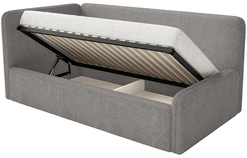 Jugendbett 90x200 cm Fanklo linksseitig mit Matratze, Stauraum und Geländern, graubrauner Plüsch, wasserabweisend