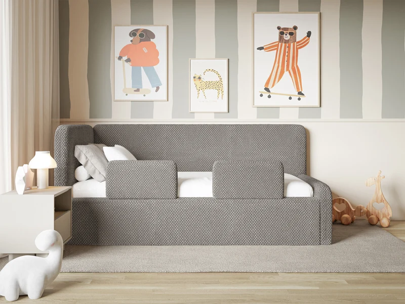 Jugendbett 90x200 cm Fanklo linksseitig mit Matratze, Stauraum und Geländern, graubrauner Plüsch, wasserabweisend