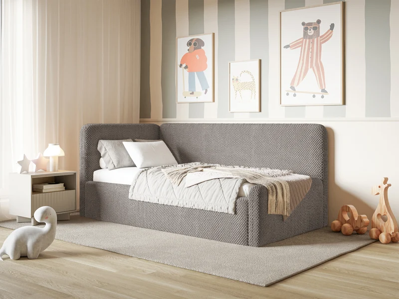 Jugendbett 90x200 cm Fanklo linksseitig mit Matratze, Stauraum und Geländern, graubrauner Plüsch, wasserabweisend
