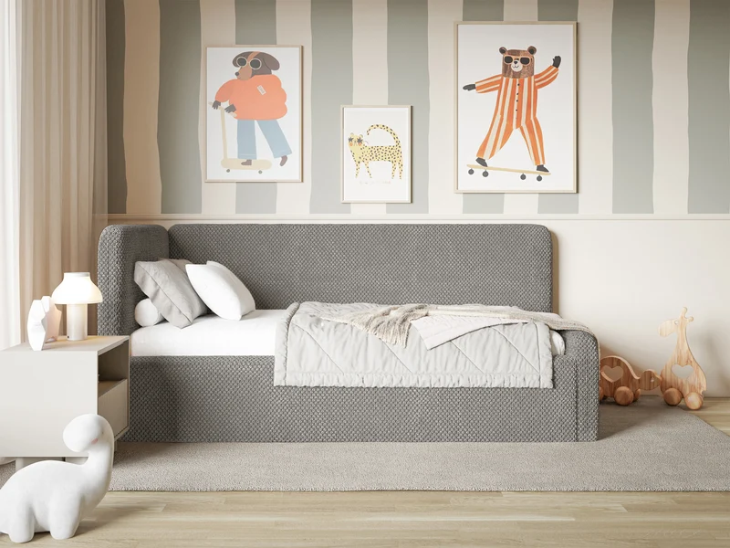 Jugendbett 90x200 cm Fanklo linksseitig mit Matratze, Stauraum und Geländern, graubrauner Plüsch, wasserabweisend