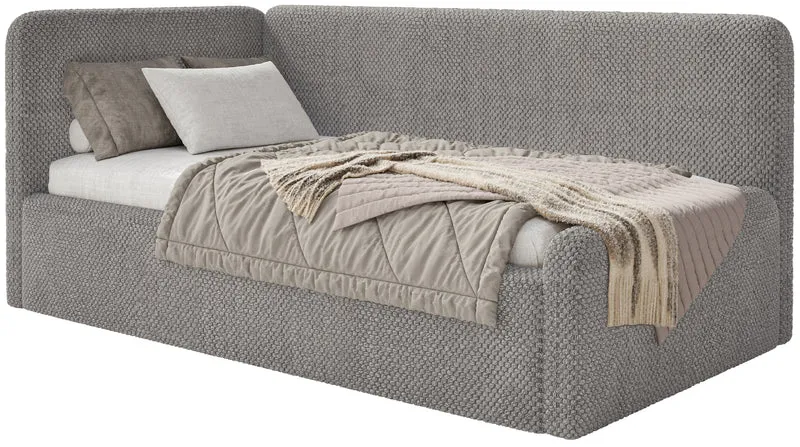 Jugendbett 90x200 cm Fanklo linksseitig mit Matratze, Stauraum und Geländern, graubrauner Plüsch, wasserabweisend