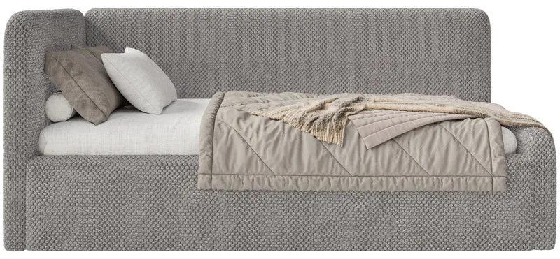 Jugendbett 90x200 cm Fanklo linksseitig mit Matratze, Stauraum und Geländern, graubrauner Plüsch, wasserabweisend