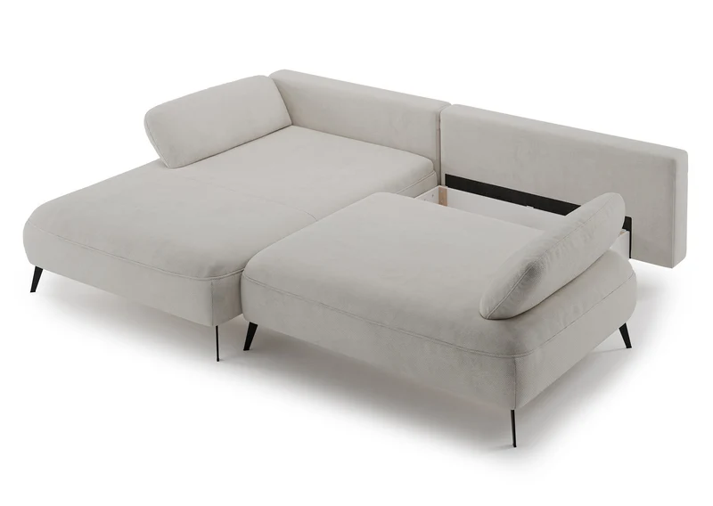 Ecksofa mit Schlaffunktion Avolla, L-förmig, linksseitig, mit Stauraum, grau-beiger hydrophober Chenille-Bezug