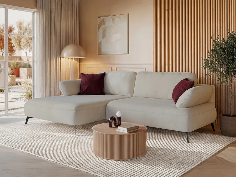 Ecksofa mit Schlaffunktion Avolla, L-förmig, linksseitig, mit Stauraum, beige, hydrophobes Chenille
