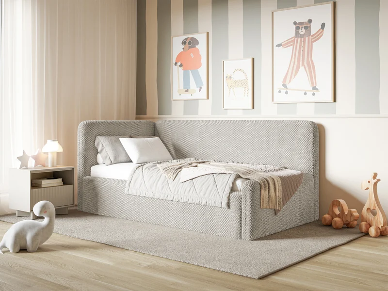 Jugendbett 90x200 cm Fanklo linksseitig mit Stauraum und Geländern, grau-beiges Plüsch, wasserabweisend