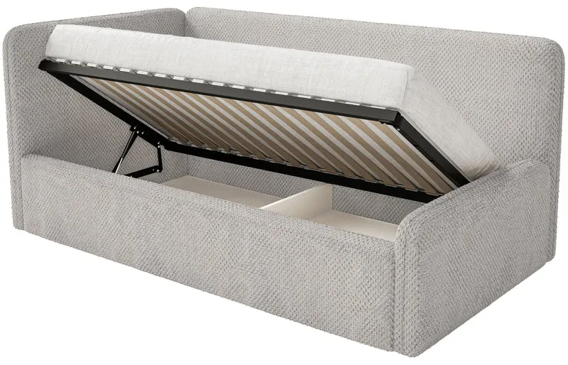Jugendbett 90x200 cm Fanklo linksseitig mit Stauraum und Geländern, grau-beiges Plüsch, wasserabweisend