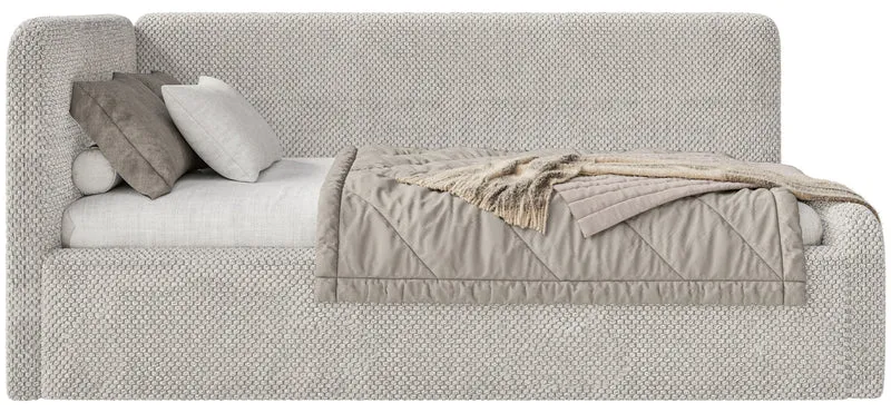 Jugendbett 90x200 cm Fanklo linksseitig mit Stauraum und Geländern, grau-beiges Plüsch, wasserabweisend