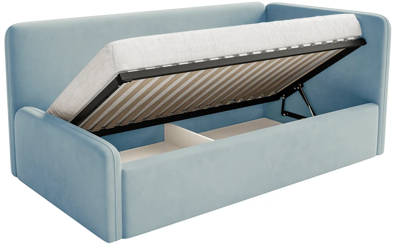 Jugendbett 90x200 cm Fanklo rechtsseitig mit Matratze und Stauraum, hellblauer Velours, wasserabweisend und leicht zu reinigen