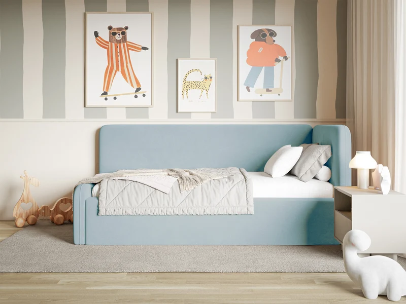 Jugendbett 90x200 cm Fanklo rechtsseitig mit Matratze und Stauraum, hellblauer Velours, wasserabweisend und leicht zu reinigen