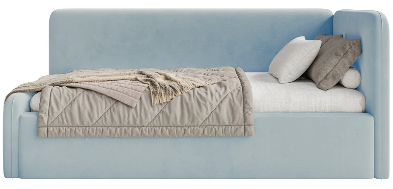 Jugendbett 90x200 cm Fanklo rechtsseitig mit Matratze und Stauraum, hellblauer Velours, wasserabweisend und leicht zu reinigen