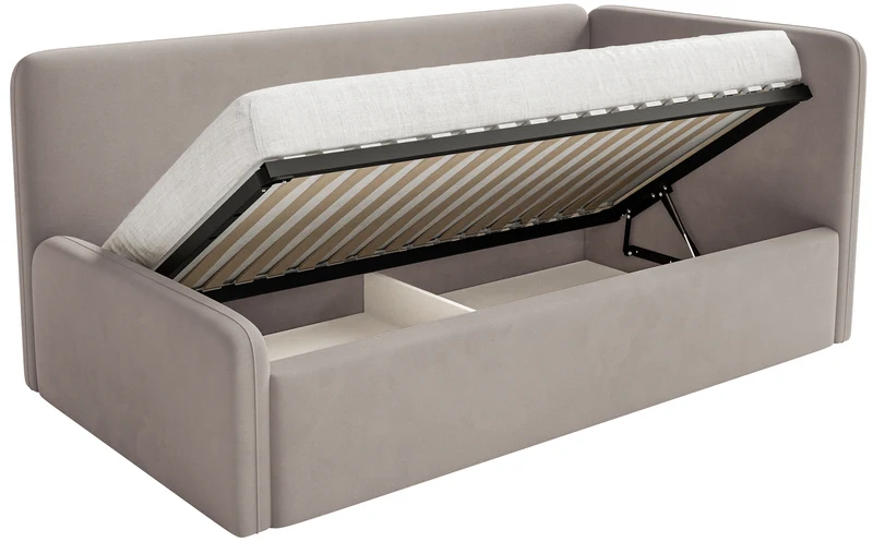Jugendbett 90x200 cm Fanklo rechtsseitig mit Stauraum, grau-beiger wasserabweisender und pflegeleichter Veloursstoff