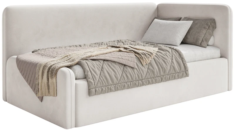 Jugendbett 90x200 cm Fanklo rechtsseitig mit Matratze, Stauraum und hellbeigen, wasserabweisenden, pflegeleichten Samt-Gittern