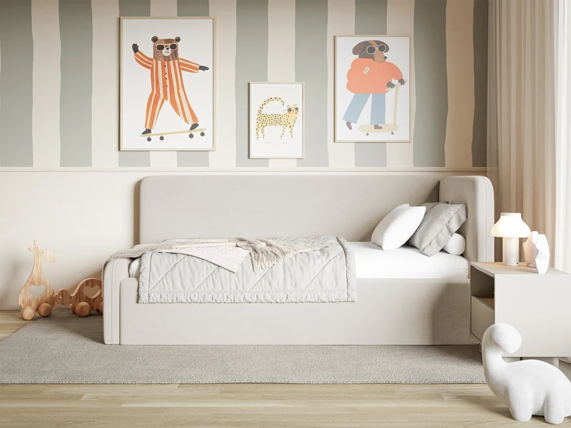 Jugendbett 90x200 cm Fanklo rechtsseitig mit Matratze, Stauraum und hellbeigen, wasserabweisenden, pflegeleichten Samt-Gittern