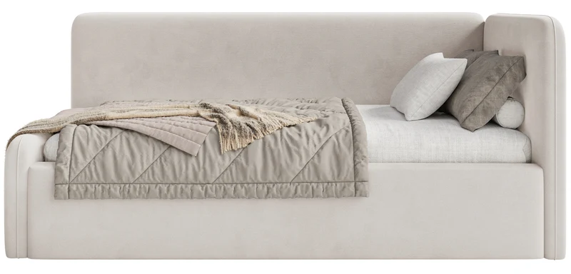 Jugendbett 90x200 cm Fanklo rechtsseitig mit Matratze, Stauraum und hellbeigen, wasserabweisenden, pflegeleichten Samt-Gittern