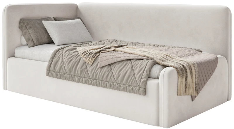 Jugendbett 90x200 cm Fanklo linksseitig mit Matratze, Stauraum und Geländern, hellbeiger Velours, wasserabweisend und leicht zu reinigen