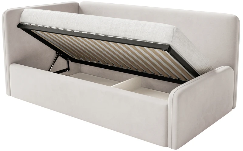 Jugendbett 90x200 cm Fanklo linksseitig mit Matratze, Stauraum und Geländern, hellbeiger Velours, wasserabweisend und leicht zu reinigen