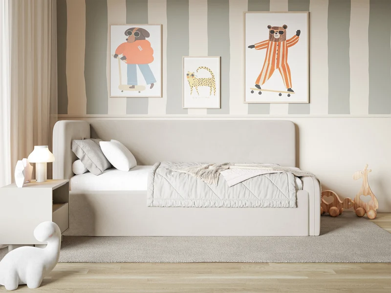 Jugendbett 90x200 cm Fanklo linksseitig mit Matratze, Stauraum und Geländern, hellbeiger Velours, wasserabweisend und leicht zu reinigen