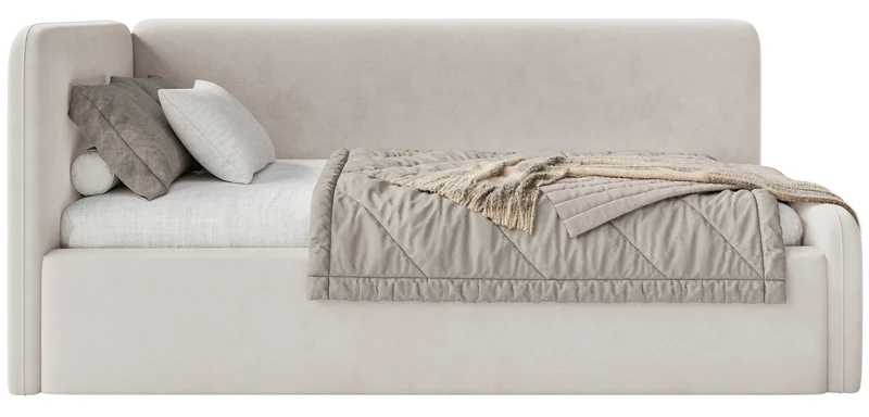 Jugendbett 90x200 cm Fanklo linksseitig mit Matratze, Stauraum und Geländern, hellbeiger Velours, wasserabweisend und leicht zu reinigen