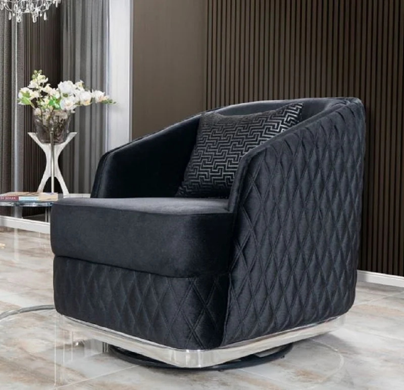 Casa Padrino Luxus Drehsessel Schwarz / Silber 85 x 80 x H. 75 cm - Wohnzimmer Sessel - Hotel Sessel - Wohnzimmer Möbel - Hotel Möbel - Luxus Möbel - Luxus Kollektion