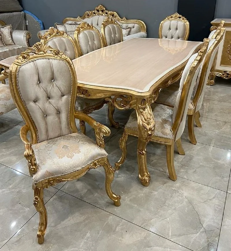 Casa Padrino Luxus Barock Esszimmer Set Beige / Weiß / Silber / Gold - 1 Barock Esstisch & 8 Barock Esszimmerstühle - Luxus Esszimmer Möbel im Barockstil - Prunkvolle Barock Esszimmer Möbel