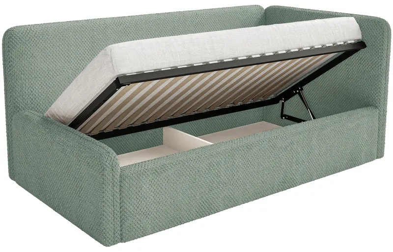 Jugendbett 90x200 cm Fanklo rechtsseitig mit Stauraum, salbeigrüner, hydrophober Plüsch