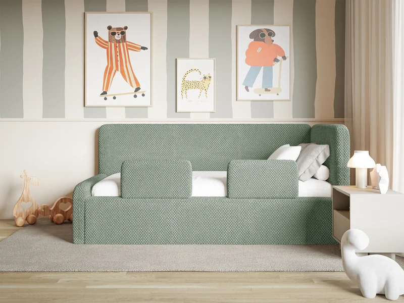 Jugendbett 90x200 cm Fanklo rechtsseitig mit Stauraum und Geländern, salbeigrüner hydrophober Plüsch
