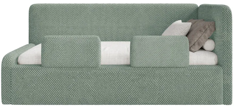 Jugendbett 90x200 cm Fanklo rechtsseitig mit Stauraum und Geländern, salbeigrüner hydrophober Plüsch