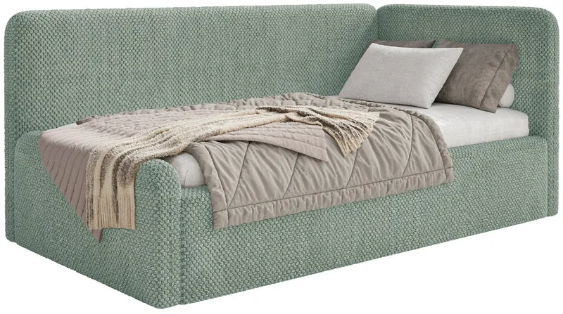 Jugendbett 90x200 cm Fanklo rechtsseitig mit Stauraum, salbeigrüner, hydrophober Plüsch