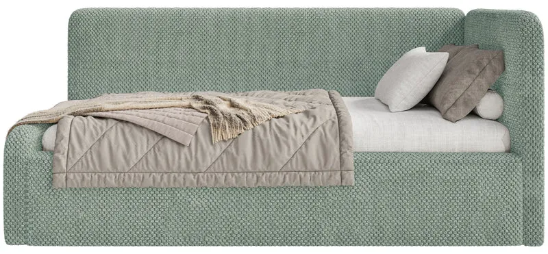 Jugendbett 90x200 cm Fanklo rechtsseitig mit Stauraum, salbeigrüner, hydrophober Plüsch