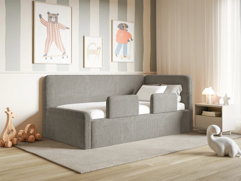 Jugendbett 90x200 cm Fanklo rechtsseitig mit Stauraum und Geländern, grau-brauner, hydrophober Plüsch