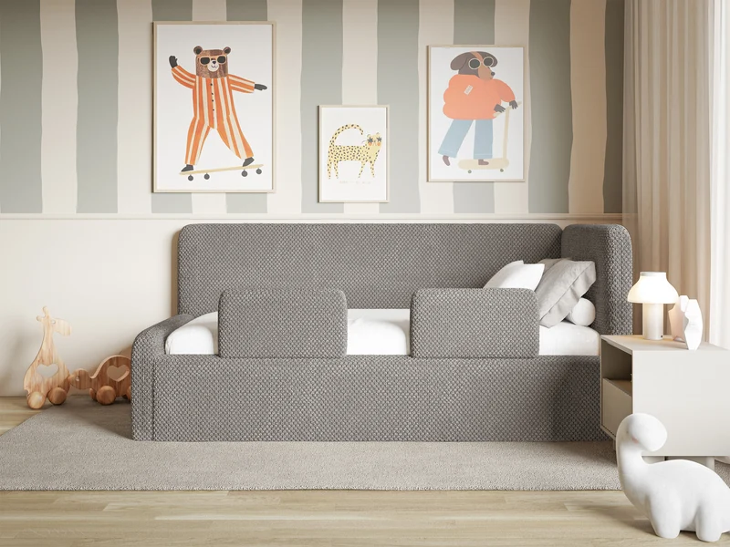 Jugendbett 90x200 cm Fanklo rechtsseitig mit Stauraum und Geländern, grau-brauner, hydrophober Plüsch