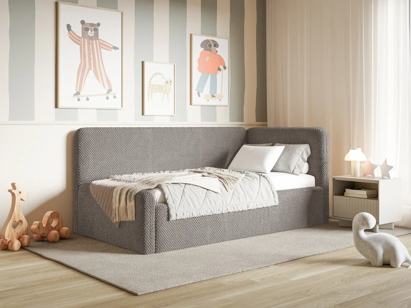 Jugendbett 90x200 cm Fanklo rechtsseitig mit Stauraum und Geländern, grau-brauner, hydrophober Plüsch