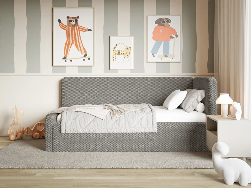 Jugendbett 90x200 cm Fanklo rechtsseitig mit Stauraum und Geländern, grau-brauner, hydrophober Plüsch