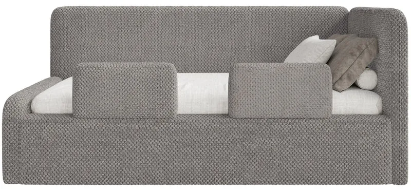 Jugendbett 90x200 cm Fanklo rechtsseitig mit Stauraum und Geländern, grau-brauner, hydrophober Plüsch