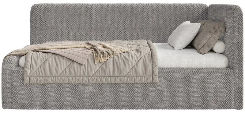 Jugendbett 90x200 cm Fanklo rechtsseitig mit Stauraum und Geländern, grau-brauner, hydrophober Plüsch