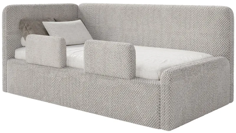 Jugendbett 90x200 cm Fanklo linksseitig mit Stauraum und Geländern, grau-beiges Plüsch, wasserabweisend