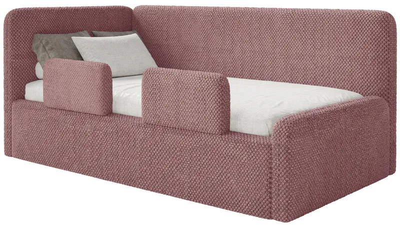 Jugendbett 90x200 cm Fanklo linksseitig mit Matratze, Stauraum und Geländern, rosa Plüsch, wasserabweisend