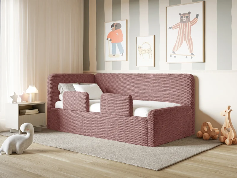 Jugendbett 90x200 cm Fanklo linksseitig mit Matratze, Stauraum und Geländern, rosa Plüsch, wasserabweisend