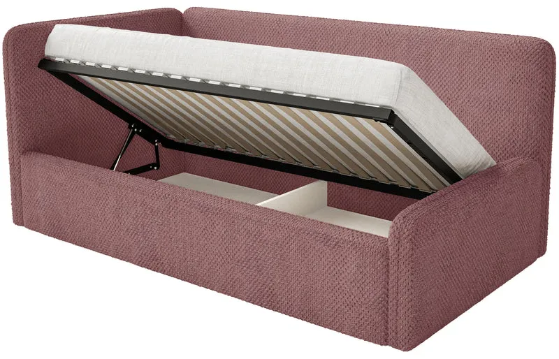 Jugendbett 90x200 cm Fanklo linksseitig mit Matratze und Aufbewahrungsbox, rosa Plüsch, wasserabweisend