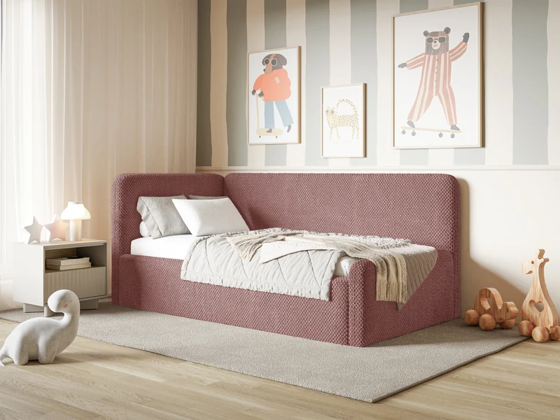Jugendbett 90x200 cm Fanklo linksseitig mit Matratze und Aufbewahrungsbox, rosa Plüsch, wasserabweisend