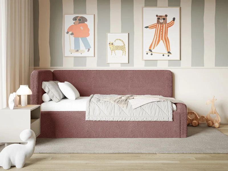 Jugendbett 90x200 cm Fanklo linksseitig mit Matratze und Aufbewahrungsbox, rosa Plüsch, wasserabweisend