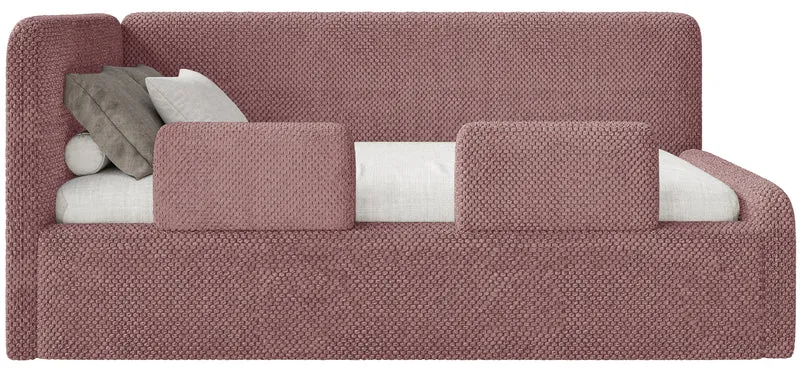 Jugendbett 90x200 cm Fanklo linksseitig mit Matratze, Stauraum und Geländern, rosa Plüsch, wasserabweisend