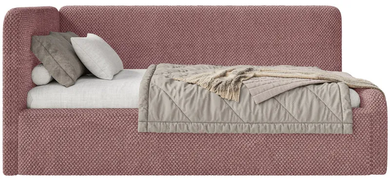 Jugendbett 90x200 cm Fanklo linksseitig mit Matratze und Aufbewahrungsbox, rosa Plüsch, wasserabweisend