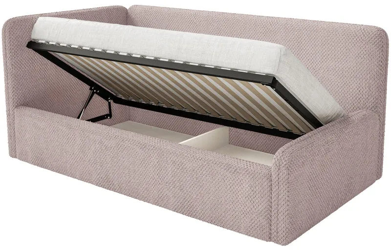 Jugendbett 90x200 cm Fanklo linksseitig mit Stauraum, puderrosa Plüsch, wasserabweisend