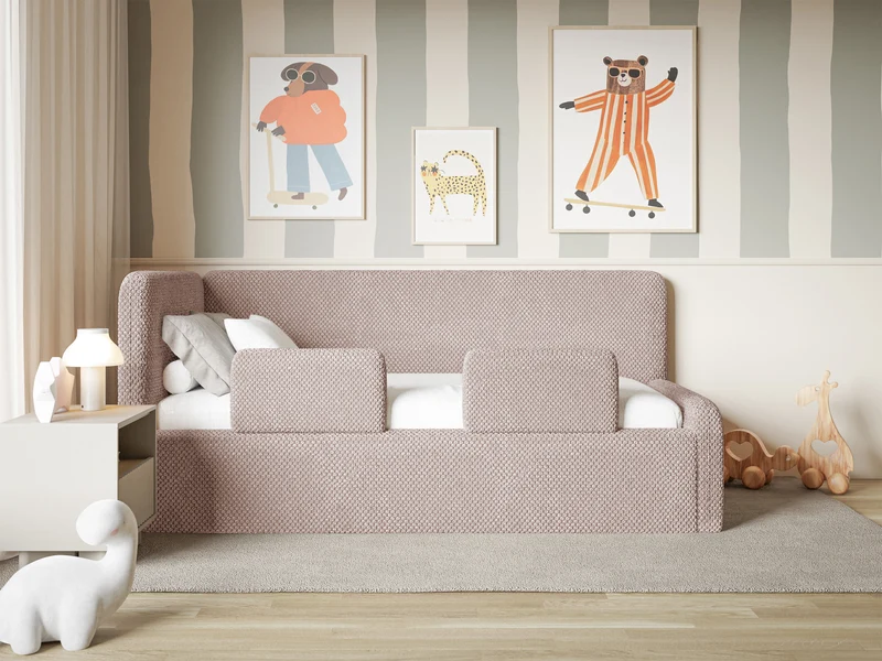Jugendbett 90x200 cm Fanklo linksseitig mit Matratze, Stauraum und Geländern, puderrosa Plüsch, wasserabweisend