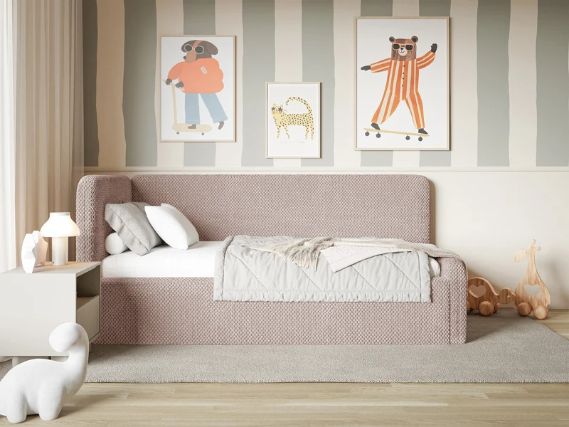 Jugendbett 90x200 cm Fanklo linksseitig mit Stauraum, puderrosa Plüsch, wasserabweisend
